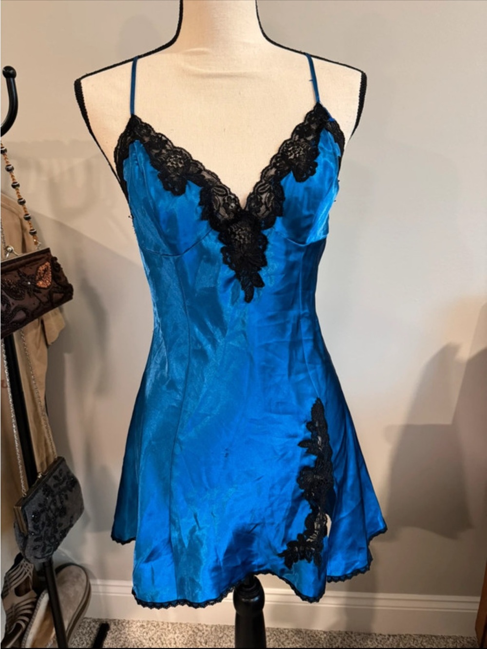 Frederick's of Hollywood Teal-Blue Satin Chemise with Black Lace